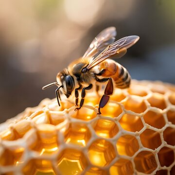 Bee on honeycomb with golden honey macro close up insect on apiary product natural background