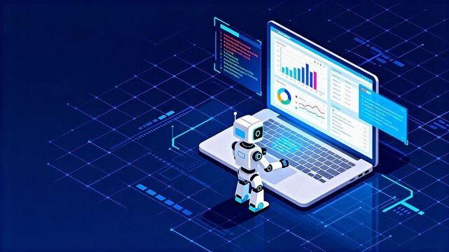 Robot using laptop with data charts