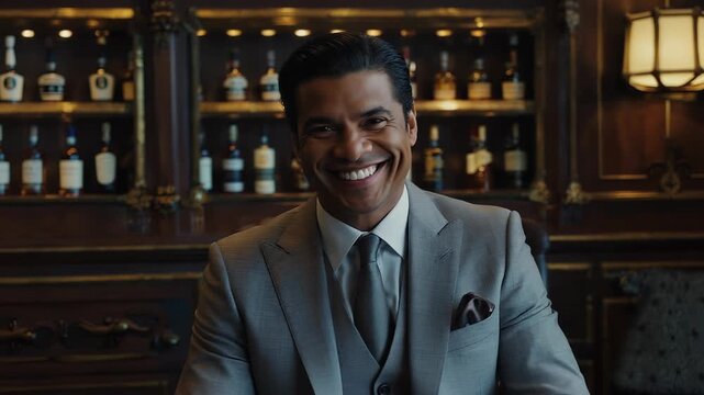 A mafia boss with dark hair slicked back sits in a lavish office. He wears a tailored gray suit and pocket square