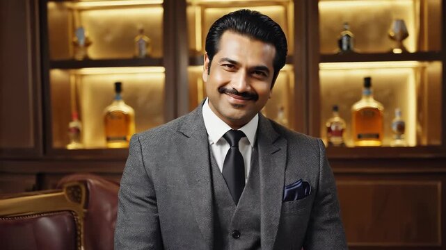 A mafia boss with dark hair slicked back sits confidently in a lavish office. He wears a tailored gray suit and smirks while looking directly at the camera