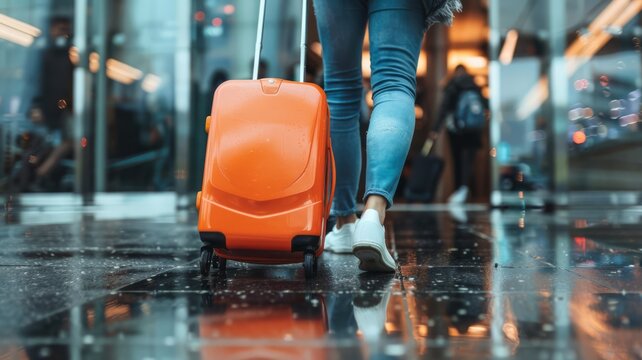Close-up of Woman in Jeans and Sneakers Pulling an Orange Carry-on Luggage Through a Shiny Airport Floor