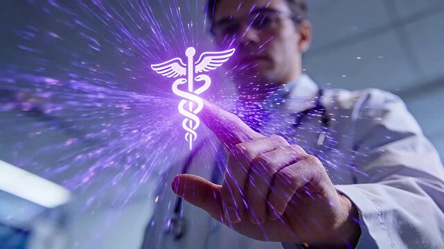 Finger touching medical rod of asclepius symbol in lab