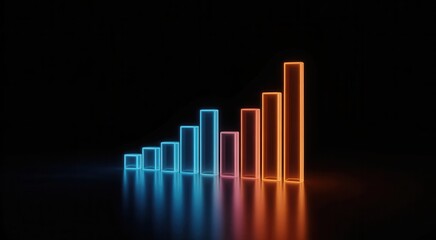 Neon glowing bar chart showing upward trend and growth in dark environment with reflection