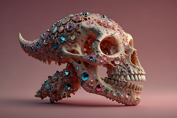 Fototapeta premium Stunning graphic image of a dinosaur skull adorned with colorful jewels and gems on a pink background symbolizing luxury and power in a fantasy concept art piece