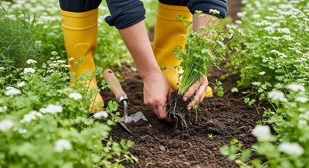 Fototapeta premium Gardening Enthusiast Planting Green Sprouts in Garden Bed During Spring