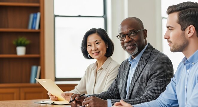 A diverse professional interview panel engaged in a focused discussion for a College Admissions Concept, representing experience and opportunity
