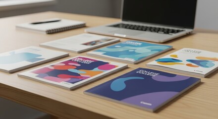 Colorful college brochures featuring abstract designs laid out on a wooden desk with a laptop, embodying the college admissions and educational journey concept.
