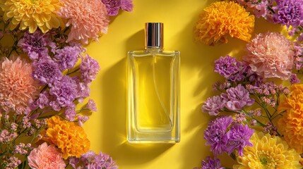 Top view of elegant perfume bottle with flowers and oud over yellow background. Cosmetics, fragrance and perfumery concept
