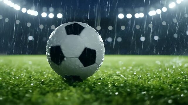 Soccer ball rolling on wet grass under stadium lights