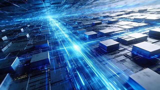 Digital cubes with blue light beams in virtual space