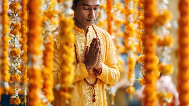 An Indian man wearing a saffron kurta prays with hands pressed together in a temple courtyard. Marigold garlands hang around him, adding to the festive atmosphere of the place