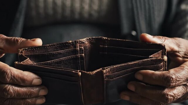 Poignant Cinematic 4K Slow Motion of Wrinkled Elderly Hands Opening an Empty Worn Leather Wallet symbolizing Zakat, Poverty, and Ramadhan Charity