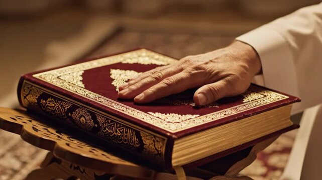Reverent Cinematic 4K Close-Up of Muslim Hands Resting on the Holy Quran During Ramadhan Prayer Time