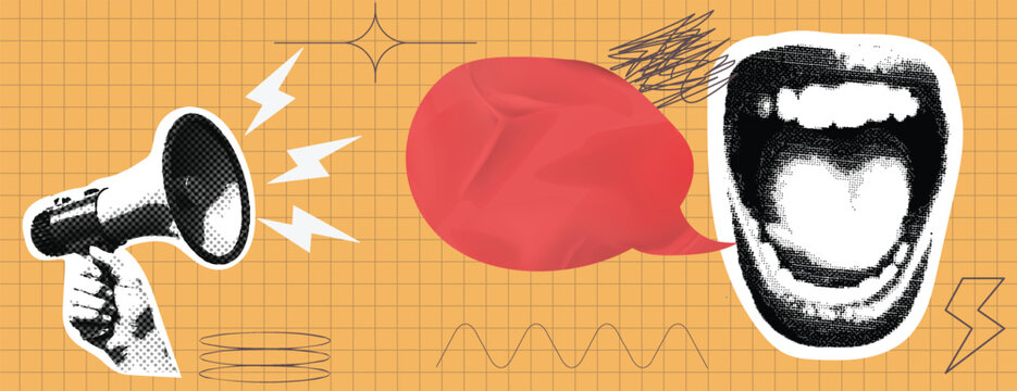 Retro vintage pop art halftone dotted style open-mouth screaming women shouting announcement blank speech bubble banner for social media cover, banner website header with comic book style paper cutout