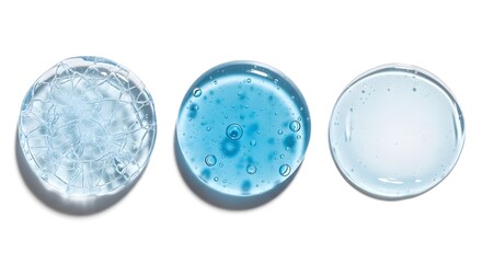 Three clear blue gel or serum samples in a row on a white surface for cosmetic or skincare product advertising