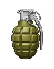 Fototapeta premium Olive green hand grenade with segmented body and safety lever, a symbol of danger