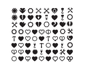 Fototapeta premium Industrial hardware heart icons with tools and gears for DIY craft projects and construction themed Valentine designs, vector illustration
