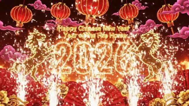Happy Chinese New Year 2026, Year of the Fire Horse, Golden Particle Animation with Fireworks