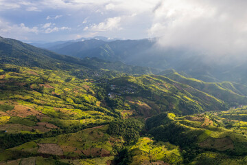 Landscape of Morning Mist with Mountain Layer. mountain ridge and clouds in rural jungle bush forest
