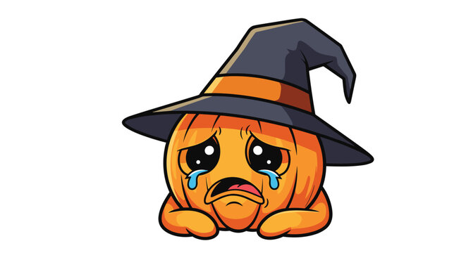 Emotional cartoon pumpkin character wearing a witch hat and crying blue tears with a very sad facial expression.