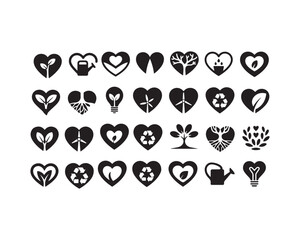 Conceptual heart silhouettes containing environmental peace and energy symbols for sustainable lifestyle branding vector illustration