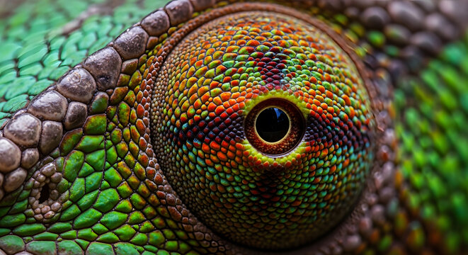 Detailed macro of colorful chameleon eye and textured scales