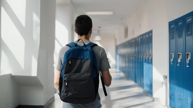 Teenager walking down school hallway with lockers looking at his smartphone