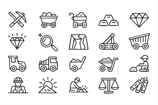 Construction And Excavation Line Icons For Engineering Platforms