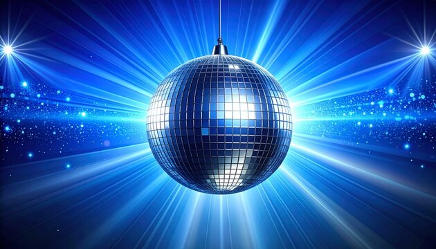 Flat vector illustration of a glowing disco ball with bright blue stage lights, party and nightlife concept symbolizing music, dance, celebration, and entertainment, vibrant modern style.
