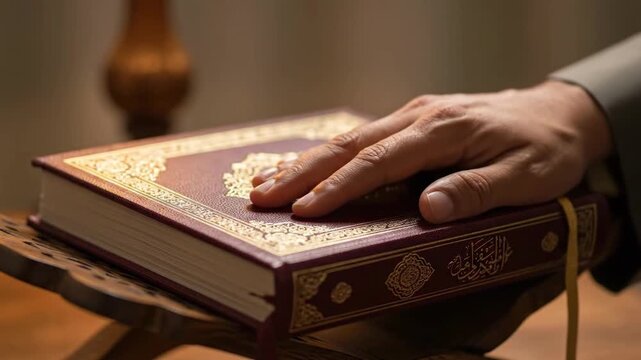 Spiritual 4K Slow Motion of a Muslim Man Placing His Hand on the Holy Quran on a Rehal during Ramadhan Kareem