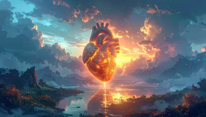 Sierkussen Meisjeskamer Flat vector illustration of a glowing sacred heart radiating light in a mountain landscape at sunrise, spiritual and symbolic scene representing love, energy, healing, and inner power.  © Aura