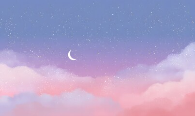 cute cartoon night sky, tiny twinkling stars with simple rounded shapes, dark blue to violet to soft pink gradient sky