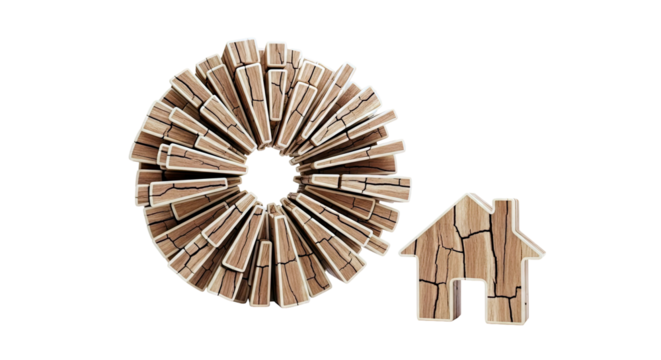 Wooden house symbol and fragmented circular structure on white background - Powered by Adobe