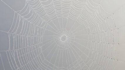 Obraz premium Intricate Spider Web on Grey Background with Dew Drops