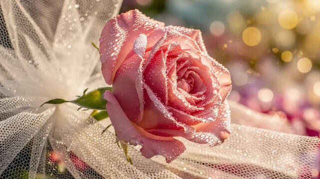 Pink rose with water droplets on soft tulle fabric background