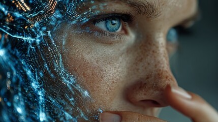 Stunning close-up of a woman's eye merging with futuristic digital circuits, symbolizing AI and human integration