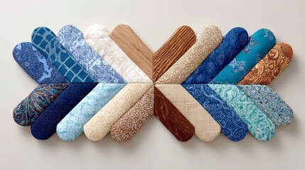 A symmetrical, stylized arrangement of rounded fabric or wooden slats forming a chevron-like "X" pattern. The piece features a gradient of textures and patterns, ranging from deep oceanic blues