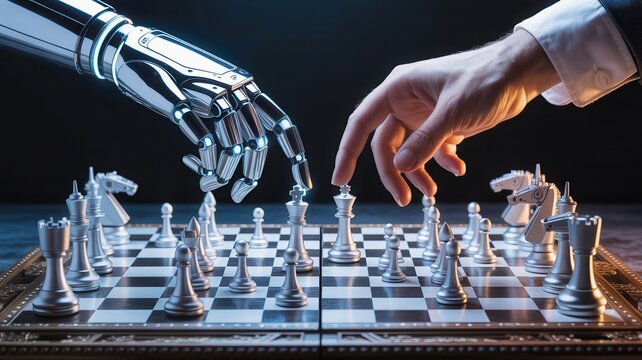 Human and robotic hands playing chess with strategy and innovation