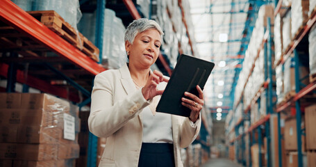 Business woman, warehouse and inventory with tablet for logistics, checklist or quality assurance....