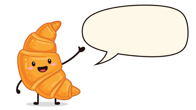 Adorable golden croissant cartoon character with tiny arms and legs waving next to an empty speech bubble for text.