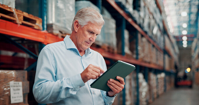 Man, reading and inspection with tablet at warehouse for logistics, stock check and supply chain. Mature person, digital and research for export policy, inventory management and schedule for shipping