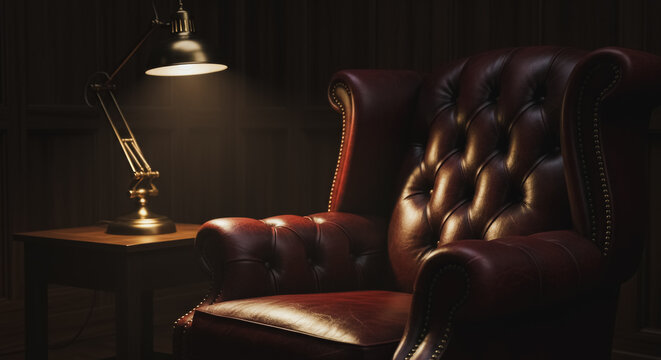 Moody lighting highlights a luxurious dark red leather Chesterfield armchair and vintage brass articulated lamp on a side table in a dimly lit, classic library or gentleman's club interior setting.