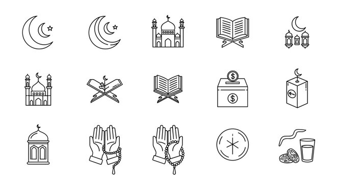 Islamic symbols and icons set in minimalist line art style.