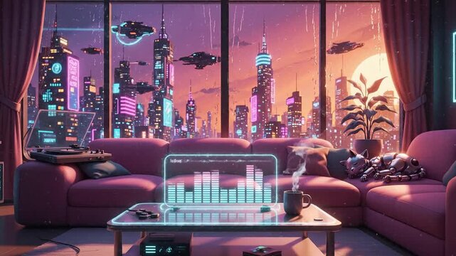 Neon-lit futuristic living room with skyline at dusk; plush sofa plants, holographic table, lights!