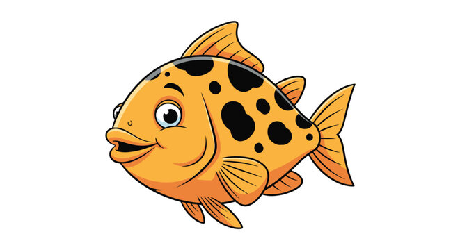 Friendly cartoon orange fish with black spots and a happy expression isolated on a white background for aquatic and pet themes.