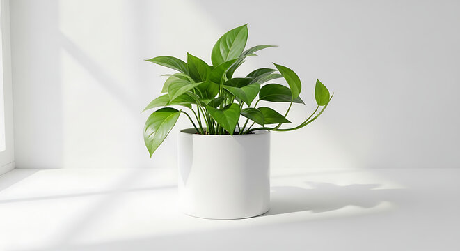 Vibrant green pathos houseplant thriving indoors showcasing lush foliage in a minimalist modern white ceramic pot near bright natural light.