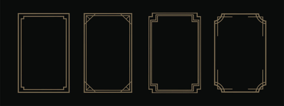 Thin metallic rectangle frames, golden glowing border elements in art deco style, vector illustration for photo frames, cards, labels, and emblems.