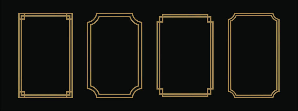Thin metallic rectangle frames, shiny gold foil borders, geometric art deco style vector illustration for photo, card, emblem, label, or cadre design.