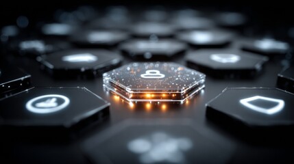 Futuristic hexagonal interface with glowing user icon, representing digital identity and secure data access in a modern tech environment