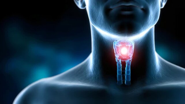 Human throat anatomy with highlighted larynx in blue tone